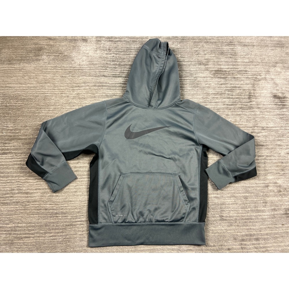 Nike Hoodie Boys Medium Gray Therma-FIT Pullover Swoosh Logo Athletic Fleece
